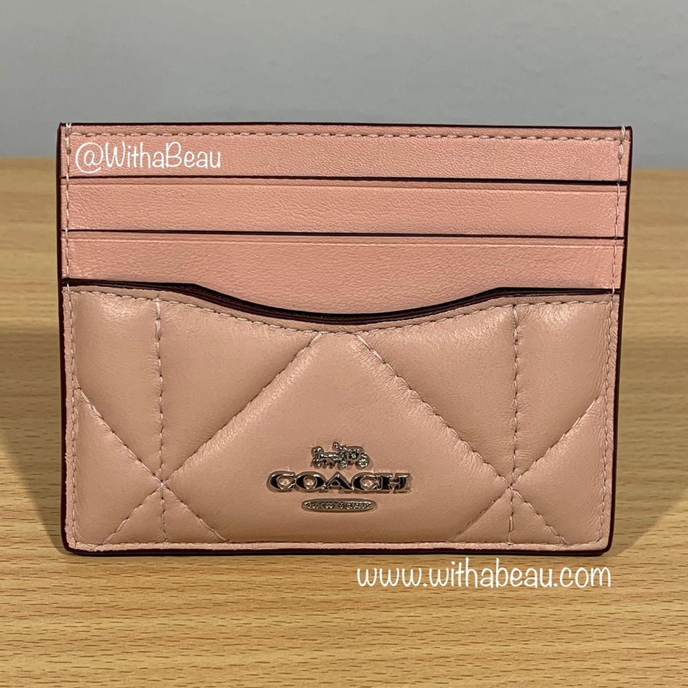Coach Slim ID Card Case with Puffy Diamond Quilting - Silver/Light Peachy Pink